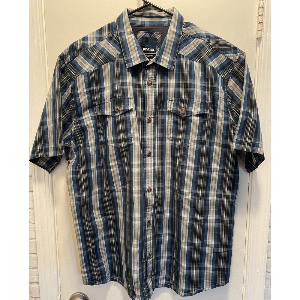 Prana Murdock Slim Fit Shirt Size XXL Blue Plaid Short Sleeve